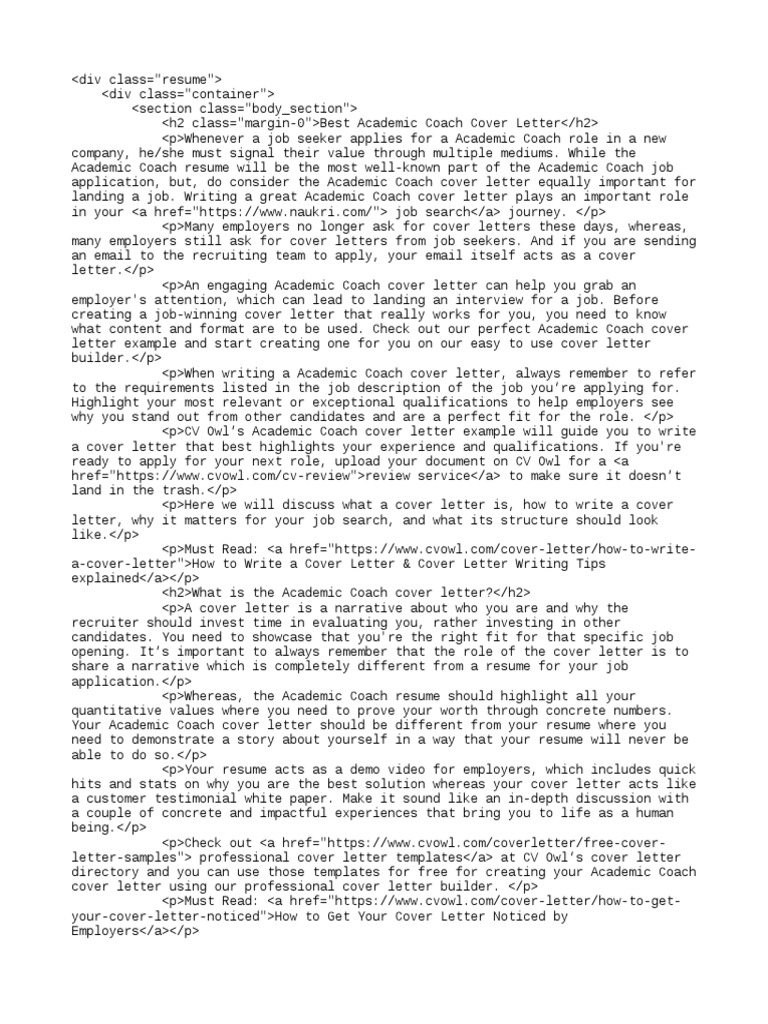 Academic Coach Cover Letter PDF Résumé Business