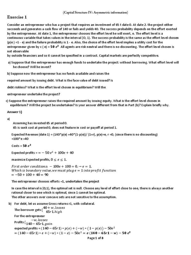 Capital Structure Under Asymmetric Information: Problem Sets. 4 Part ...