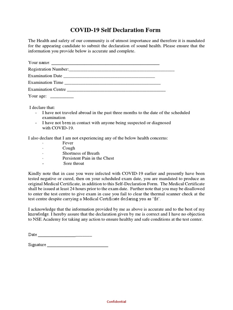 COVID-19 Self Declaration Form | PDF | Finance & Money Management