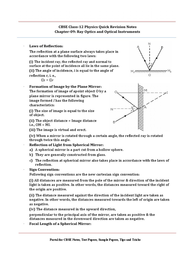 CBSE Class12 Physics Quick Revision Notes Chapter09 Ray Optics and