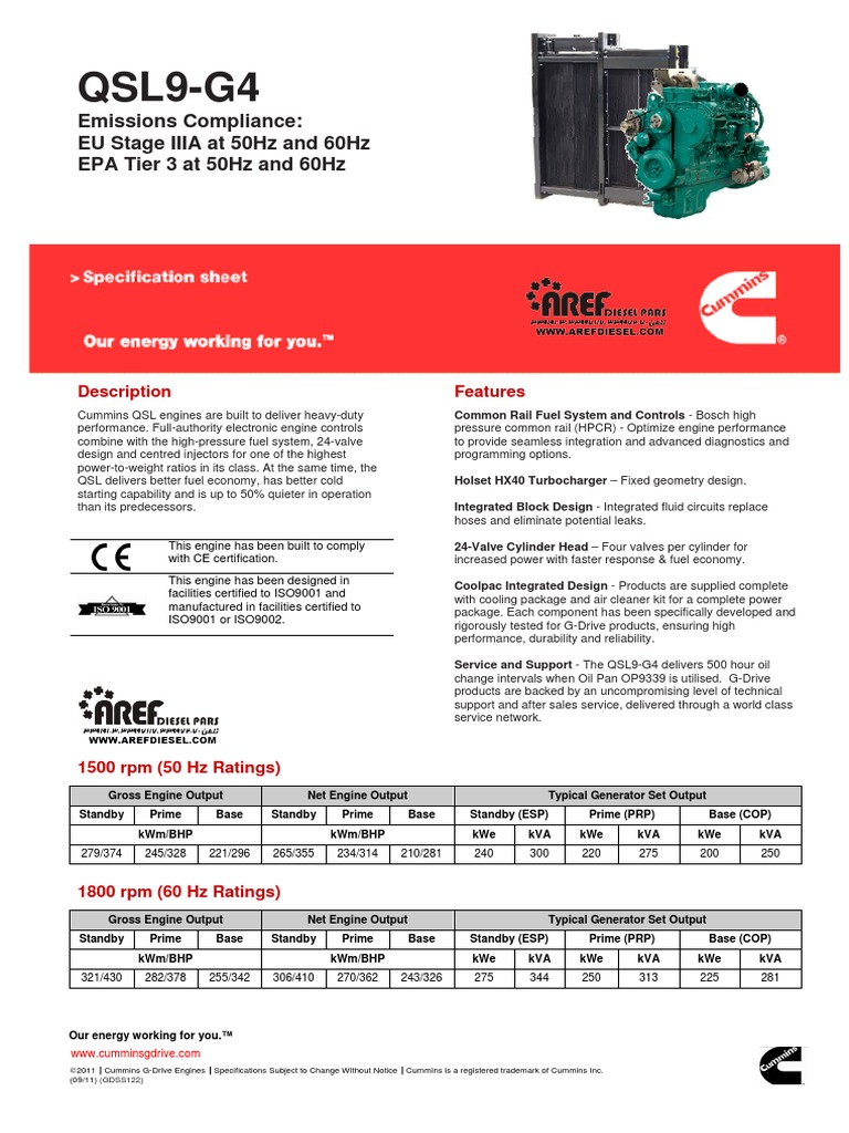 QSL9G4 Emissions Compliance EU Stage IIIA at 50Hz and 60Hz EPA Tier