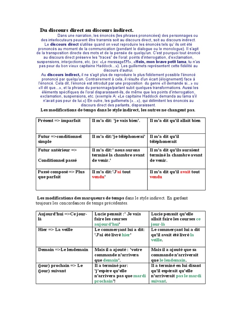 Transformation du discours direct/indirect | PDF | Discours ...