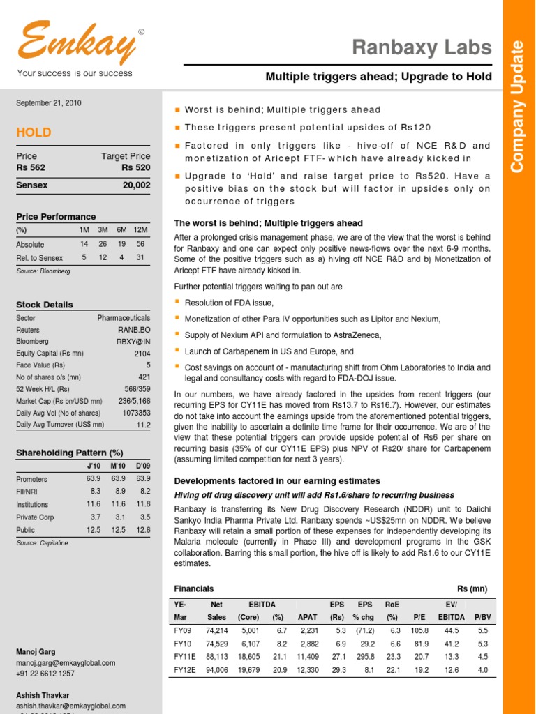 Ranbaxy Labs: Multiple Triggers Ahead Upgrade To Hold | PDF | Earnings ...