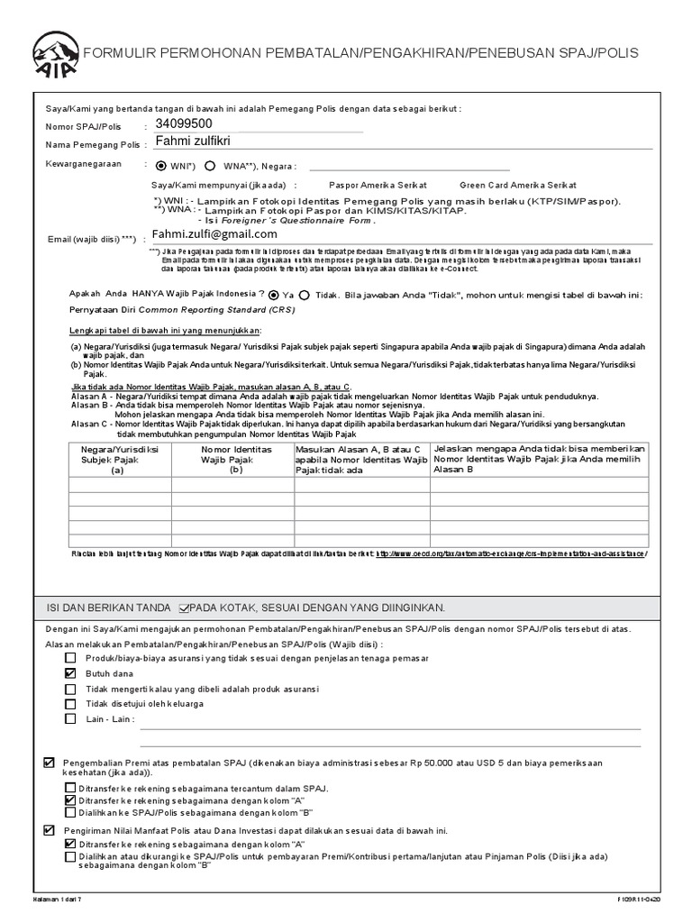 Formulir Permohonan Pembatalan Pengakhiran Penebusan Spaj Polis Pdf