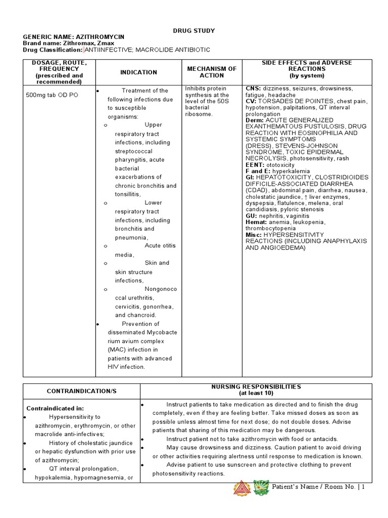 Azithromycin Nursing Responsibilities | PDF | Drugs | Medical Specialties
