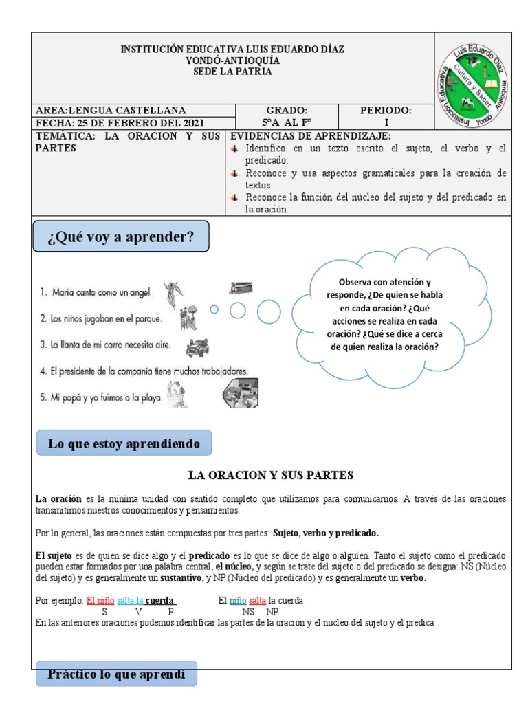 Partes de la Oración en Lengua Castellana | PDF | Asunto (gramática ...