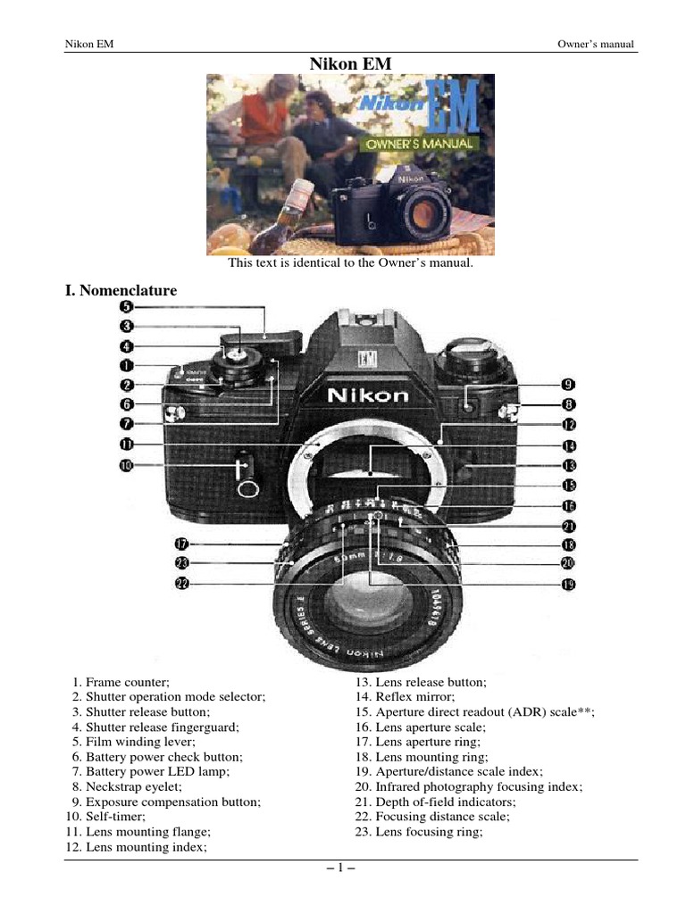 Nikon EM I. Nomenclature Download Free PDF Camera Camera Lens