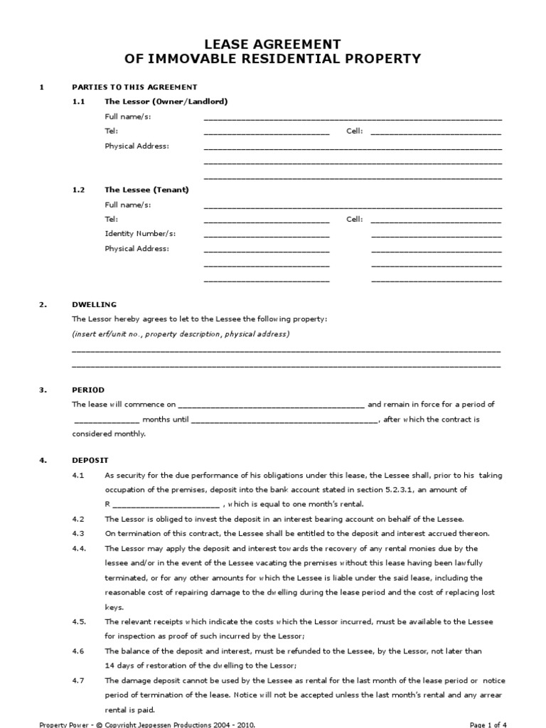 Lease Agreement Of Immovable Residential Property 1 Parties To This