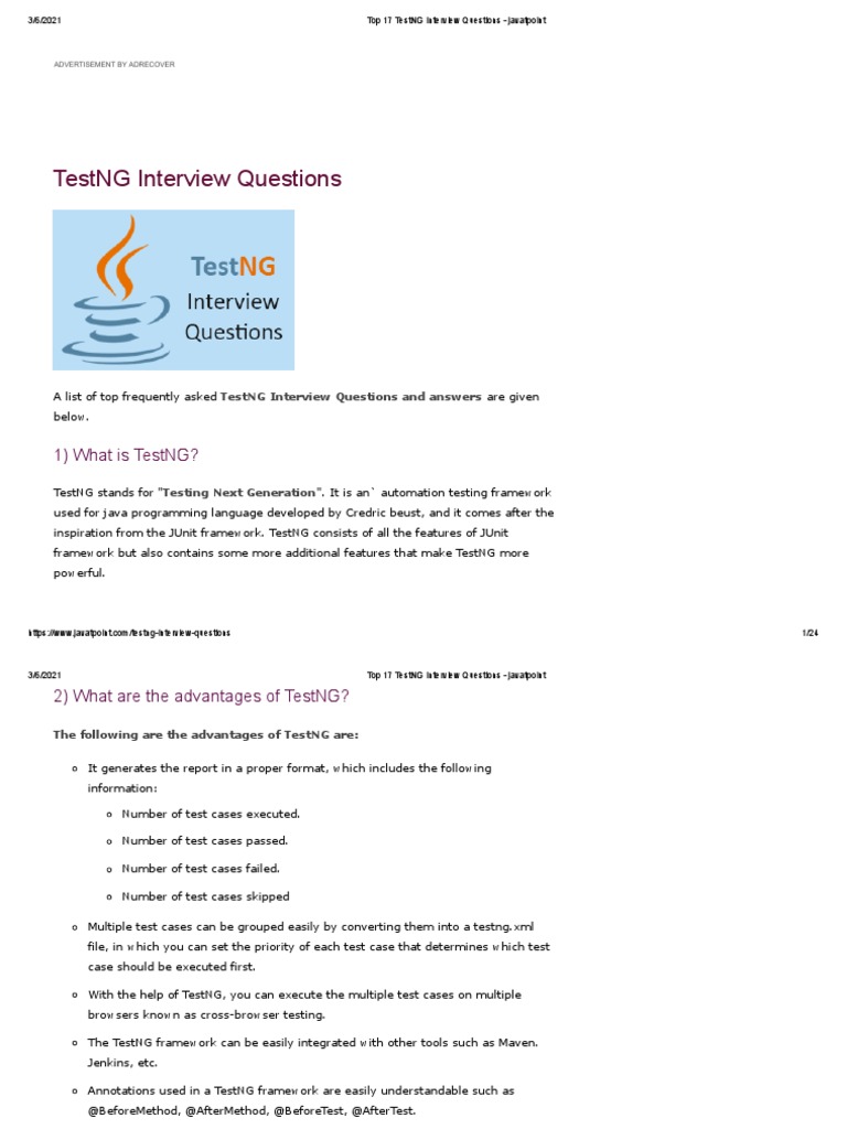 Top 17 TestNG Interview Questions Javatpoint PDF Software Testing
