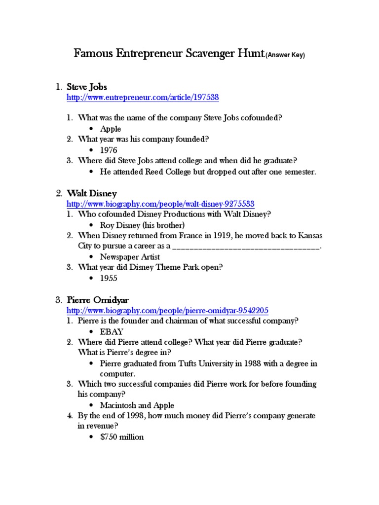 Famous Entrepreneur Scavenger Hunt PDF Oprah Winfrey Steve Jobs