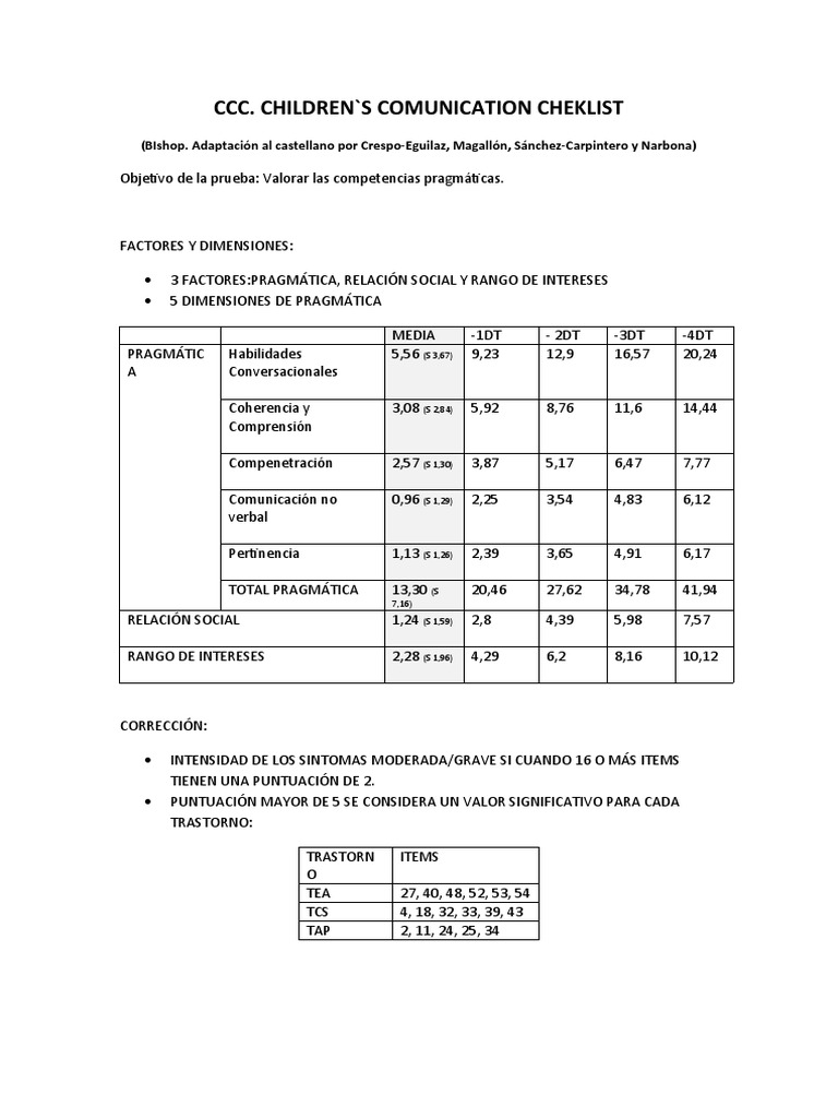 CCC-2: Evaluación de Pragmática Infantil | PDF | Trastornos del ...