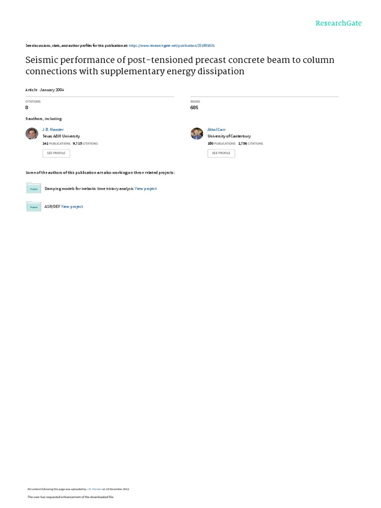 Seismic Performance of Precast Concrete Connections | PDF | Prestressed ...