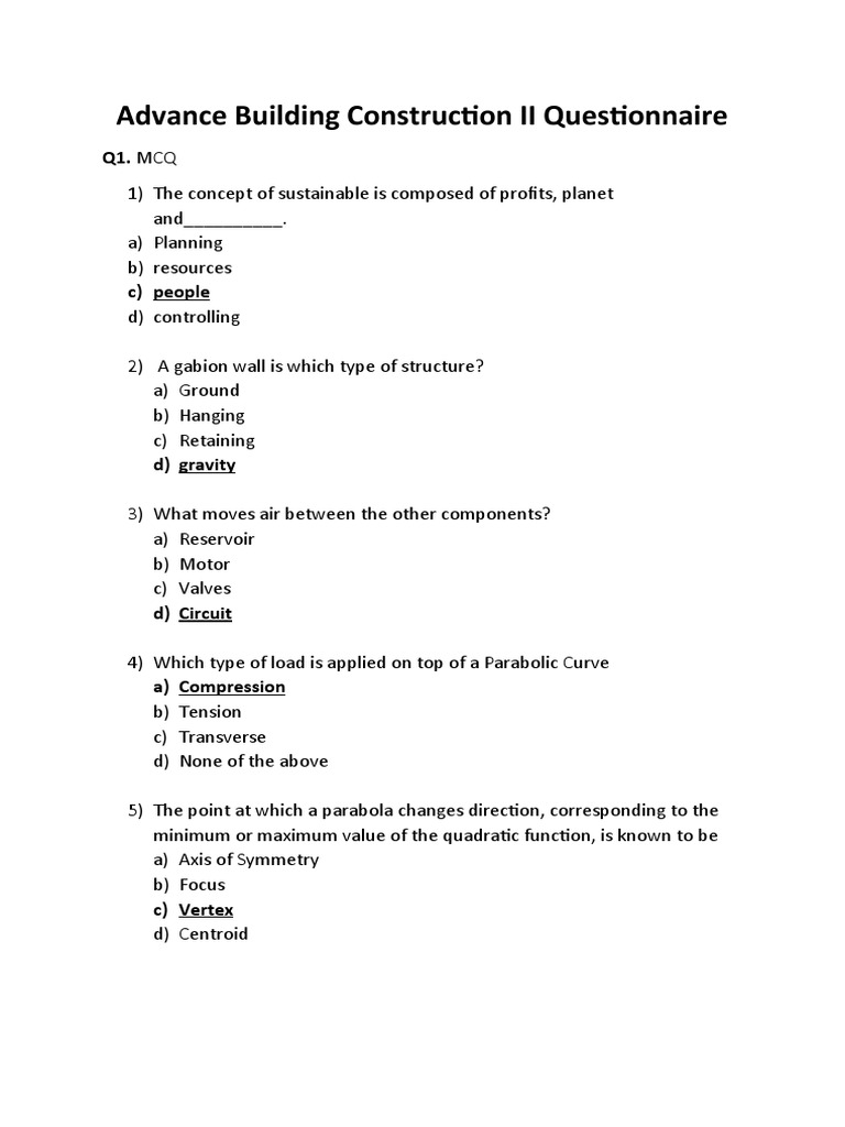 Advance Building Construction II Questionnaire Final Exam ANSWERED ...