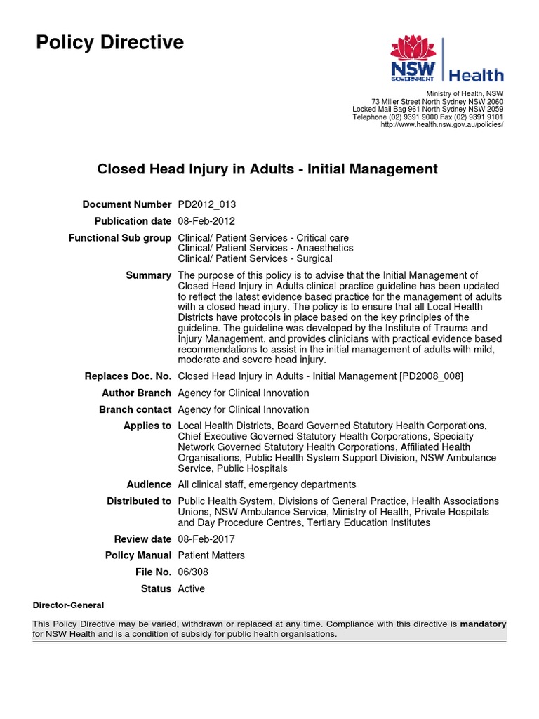 Closed Head Injury in Adults | PDF | Traumatic Brain Injury | Concussion