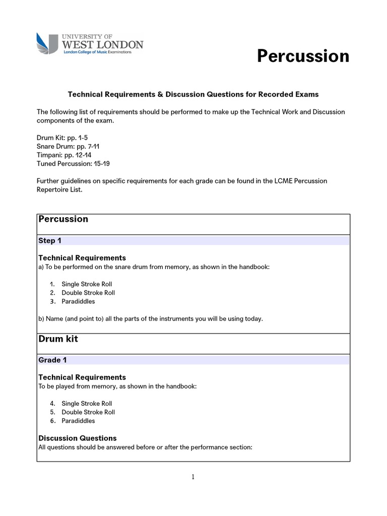Technical Requirements and Discussion Questions Percussion PDF