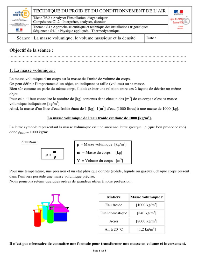Masse Et Volume 6ème Evaluation Pdf La Masse Volumique, Le Volume Massique Et La Densité | PDF | Densité |  Kilogramme