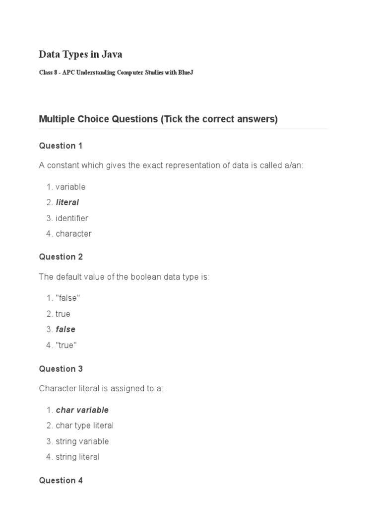 Data Types in Java: Multiple Choice Questions (Tick The Correct Answers ...