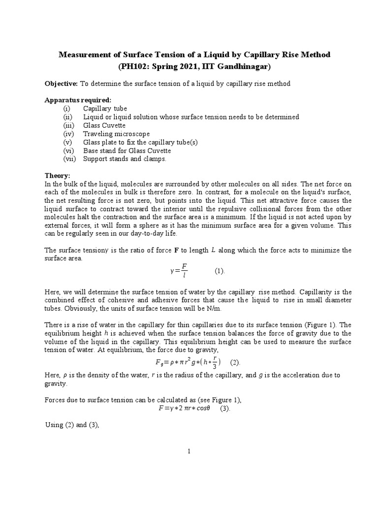 Capillary Rise Method for Surface Tension | PDF | Surface Tension | Liquids