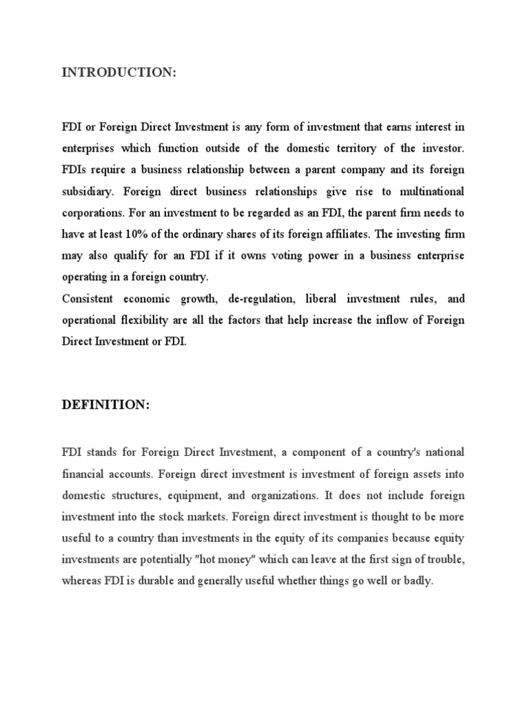Introduction to Foreign Direct Investment | PDF | Foreign Direct ...