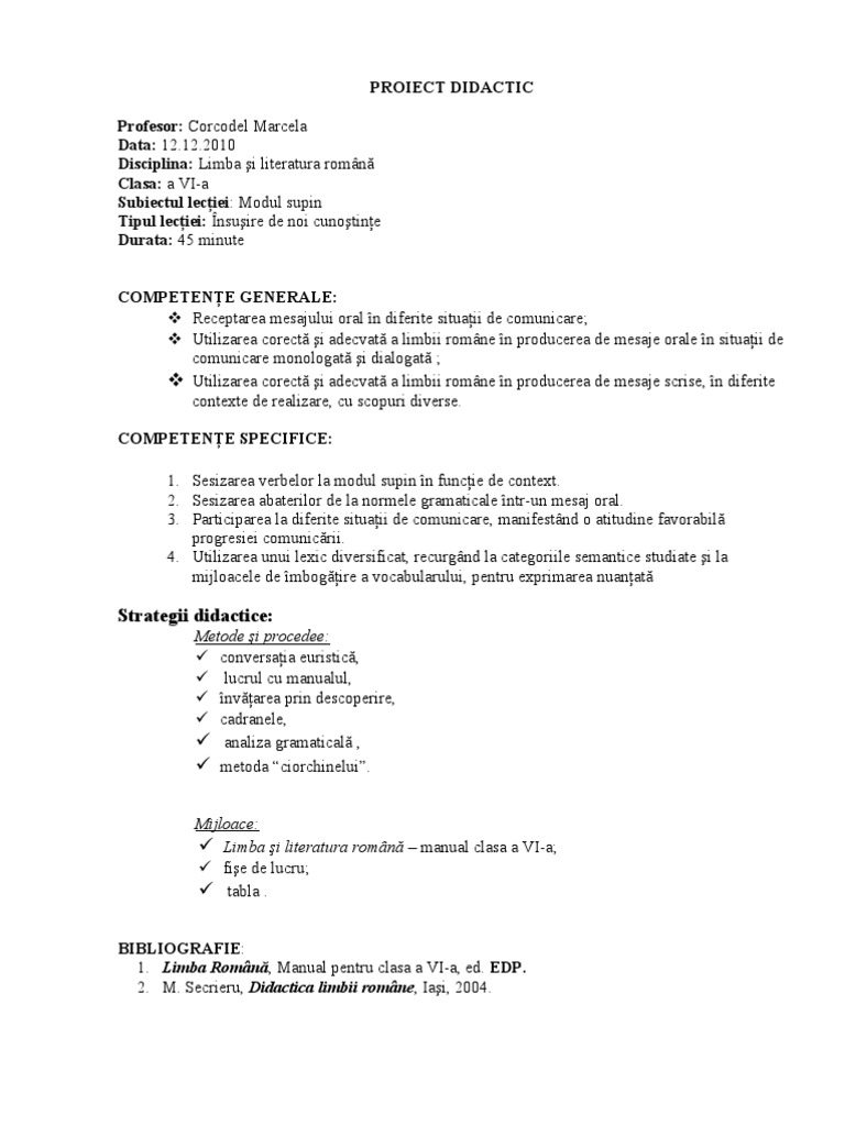 Proiect Didactic La Limba Romana