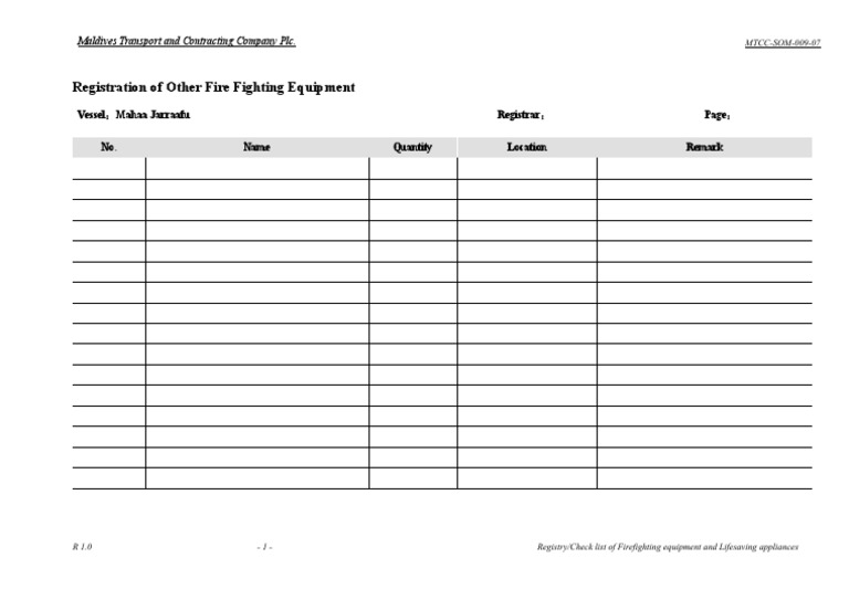Firefighting Equipment Registry for Mahaa Jarraafu | PDF