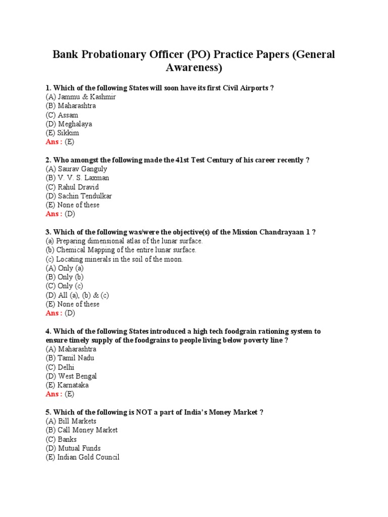 Bank Probationary Officer (PO) Practice Papers (General Awareness