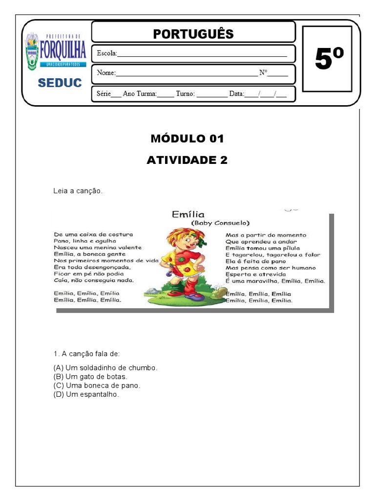 Atividades sobre a Emília e Classificação Silábica | PDF | Casa e Jardim