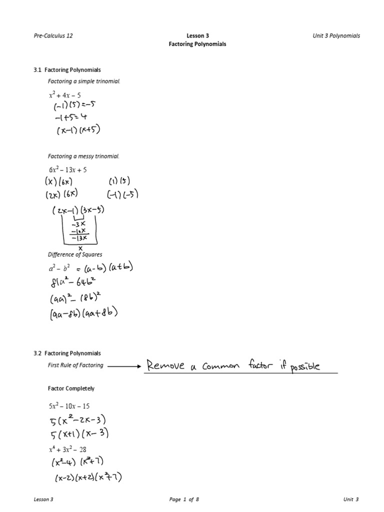 Factoring Polynomials in Pre-Calculus | PDF | Factorization | Algebra