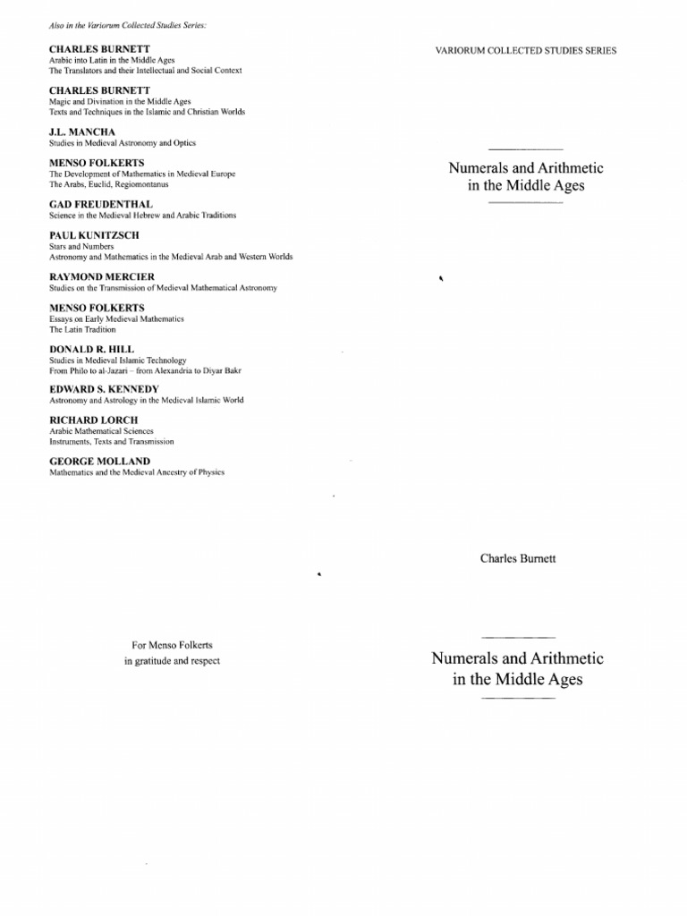 Burnett - Numerals and Arithmetic in The Middle Ages (Ashgate CS967) | PDF  | Teaching Mathematics