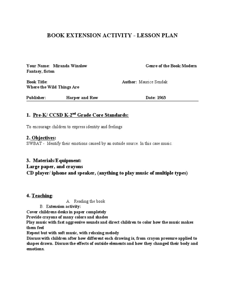 Book Extension Activity Lesson Plan 1. PreK/ CCSD K2 Grade Core