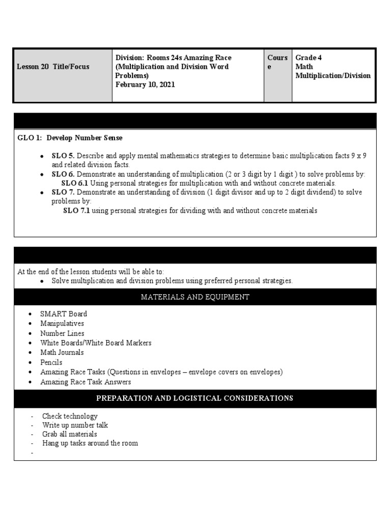 Grade 4 Multiplication & Division Race | PDF | Teaching Mathematics