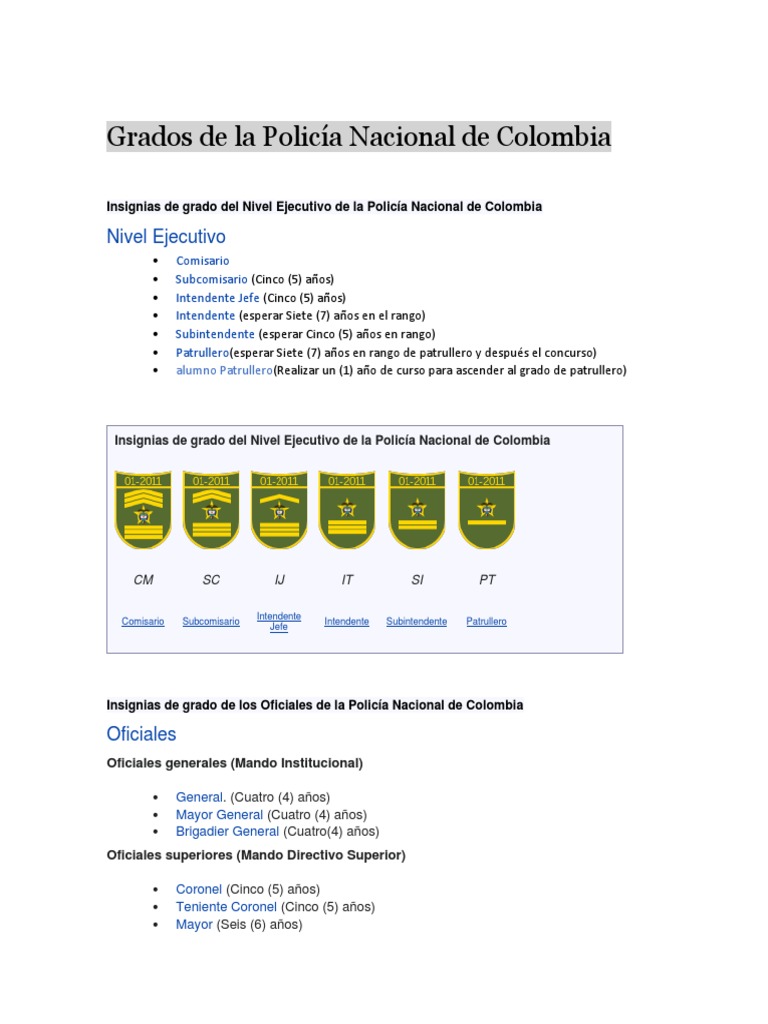 Rangos y Grados Policía Nacional Colombia | PDF
