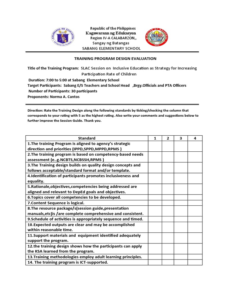 Sabang Elementary School Training Evaluation | PDF | Educational ...