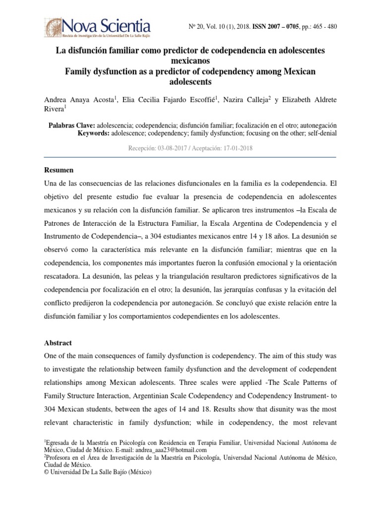 La Disfunción Familiar Como Predictor de Codependencia en Adolescentes ...