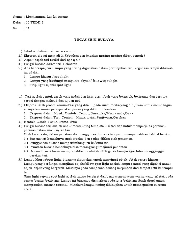 Tugas Seni Budaya Mengerjakan 5 Soal Pdf