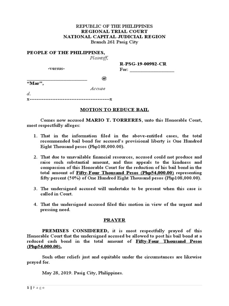 Motion To Reduce Bond Format | PDF | Bail | Judiciaries