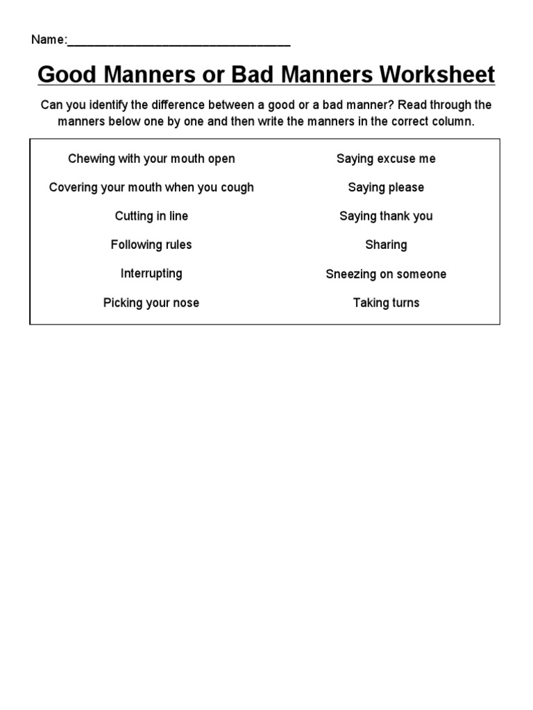 Good Manners or Bad Manners Worksheet | PDF for Free Printable Good Manners Worksheets