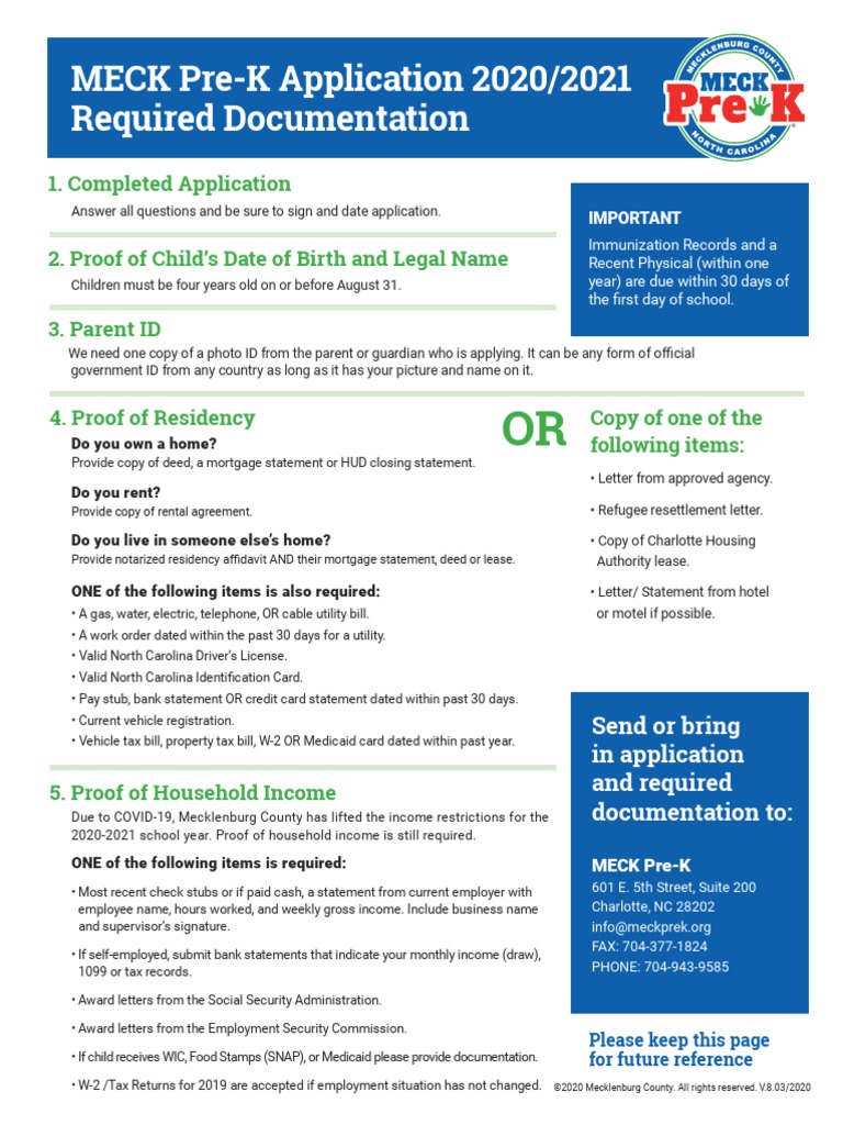 MECK Pre-K Application 2020/2021 Required Documentation | PDF | Pre ...