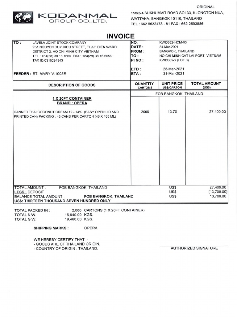 Invoice PI KWI0382 Lot 3 (4th FCL) ETD 28.03 | PDF