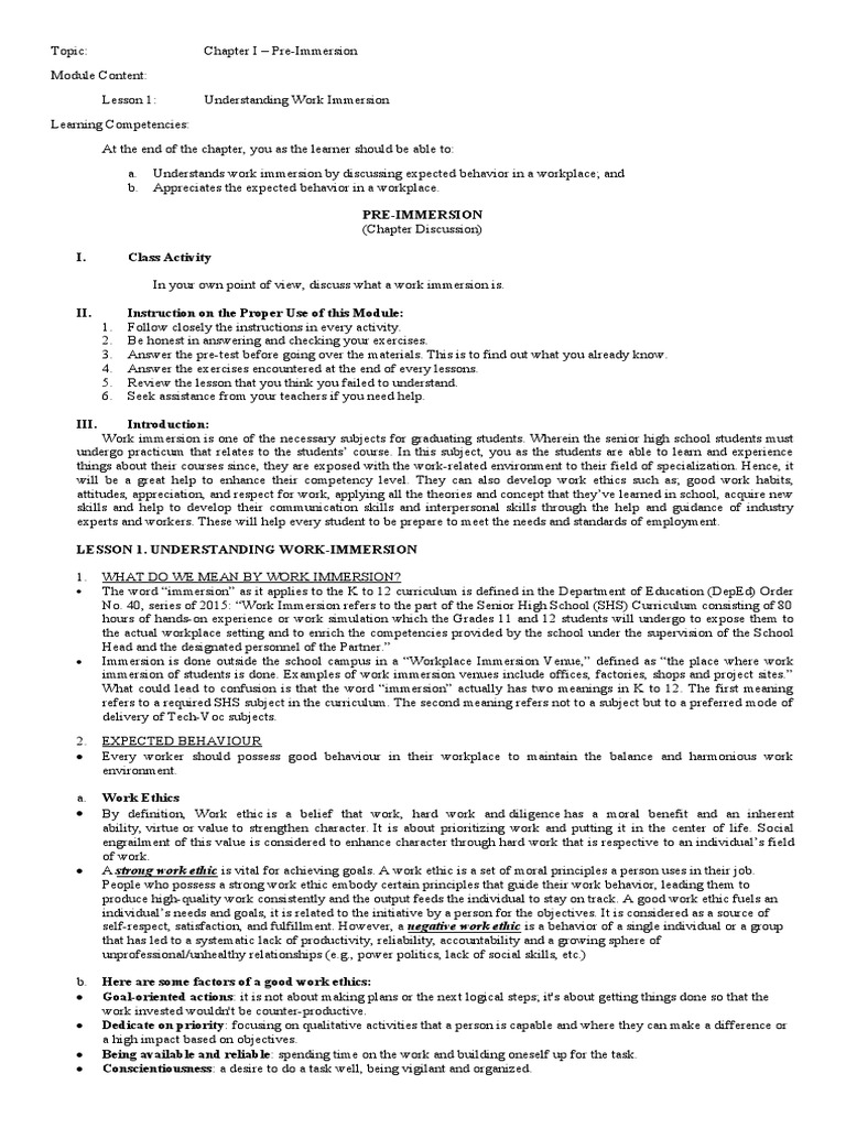 Work Immersion Module (Pre Immersion) PDF Résumé Employment