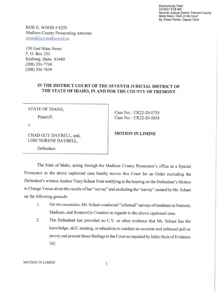 Daybell State Motion in Limine Andrea Tracy Schaat PDF Discovery