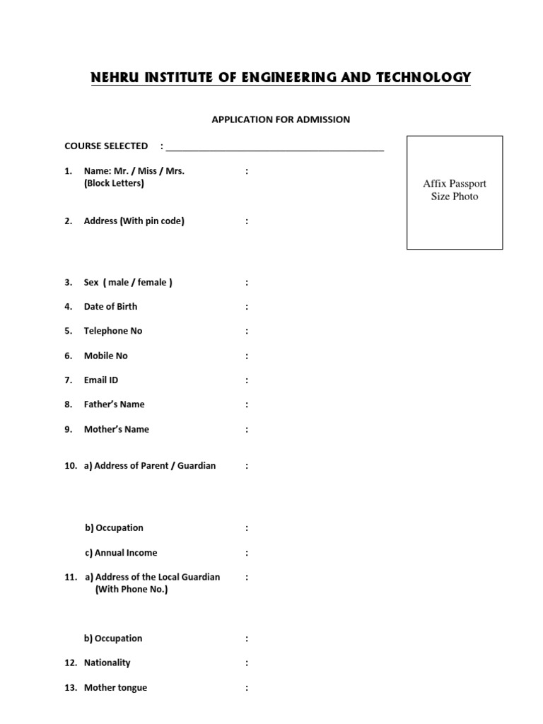 NIET Admission Application Form | PDF | Fee | Business