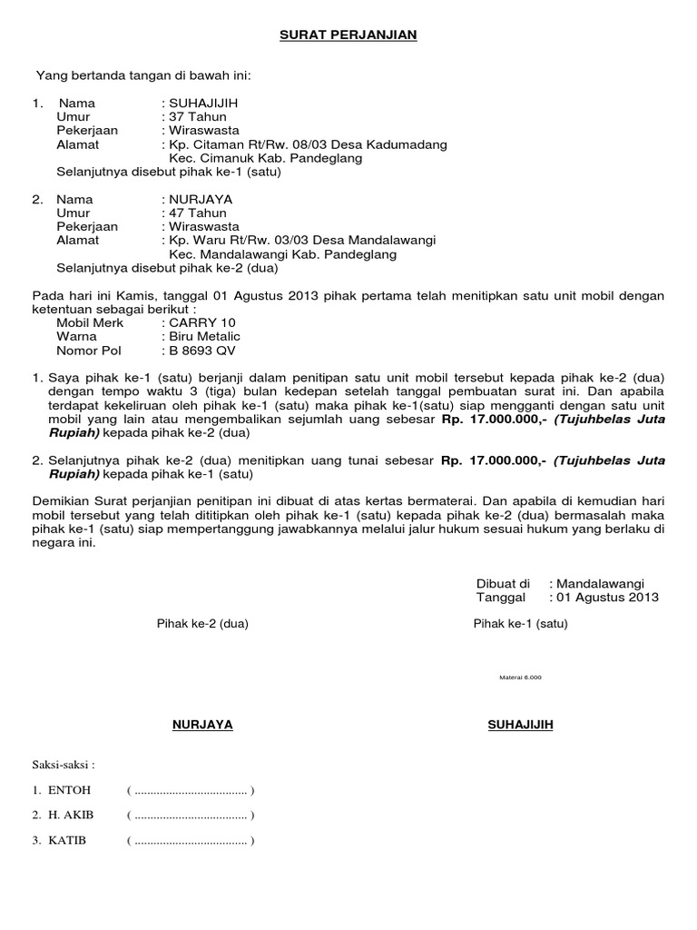 Surat Perjanjian Penitipan Mobil
