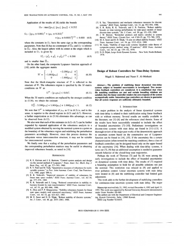 Design of Robust Controllers For Time-Delay Systems | PDF | Control ...