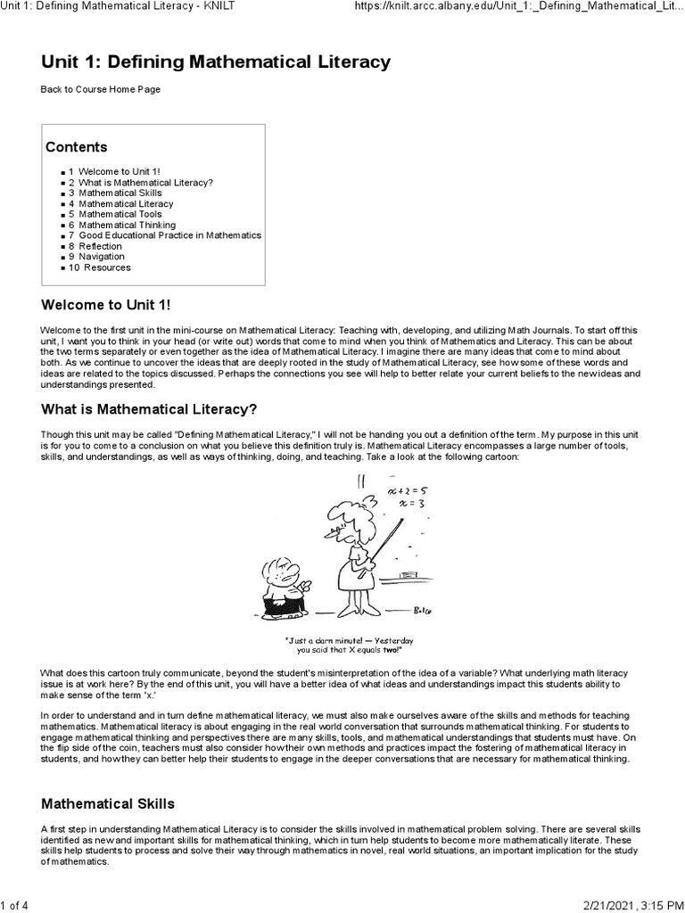 Unit 1defining Mathematical Literacy PDF Literacy Teaching