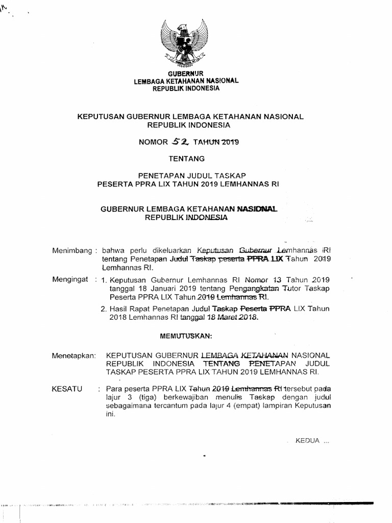 Kepgub 52 Tahun 2019 TTG Pentapan Judul TASKAP PPRA LIX | PDF