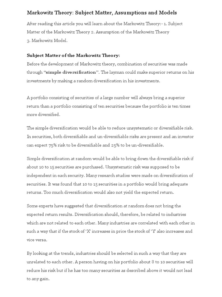 Modern Portfolio Theory (Markowitz) | PDF | Diversification (Finance ...