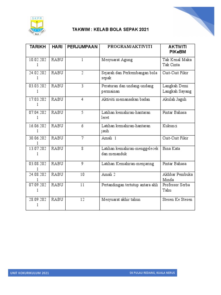 Takwim Kelab Bola Sepak 2021 | PDF