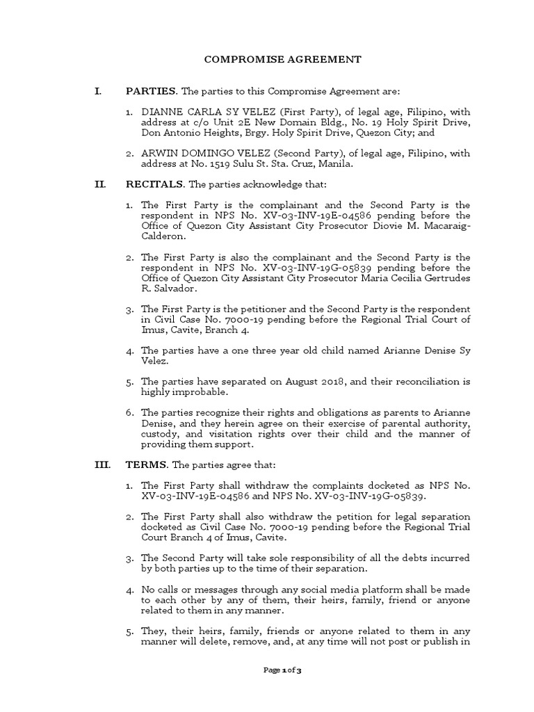 Compromise Agreement for Custody and Debt | PDF | Confidentiality ...
