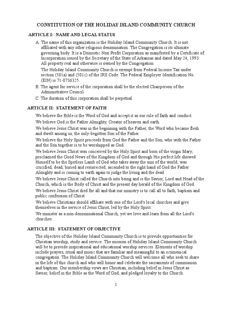 Constitution of The Holiday Island Community Church: Article Ii ...